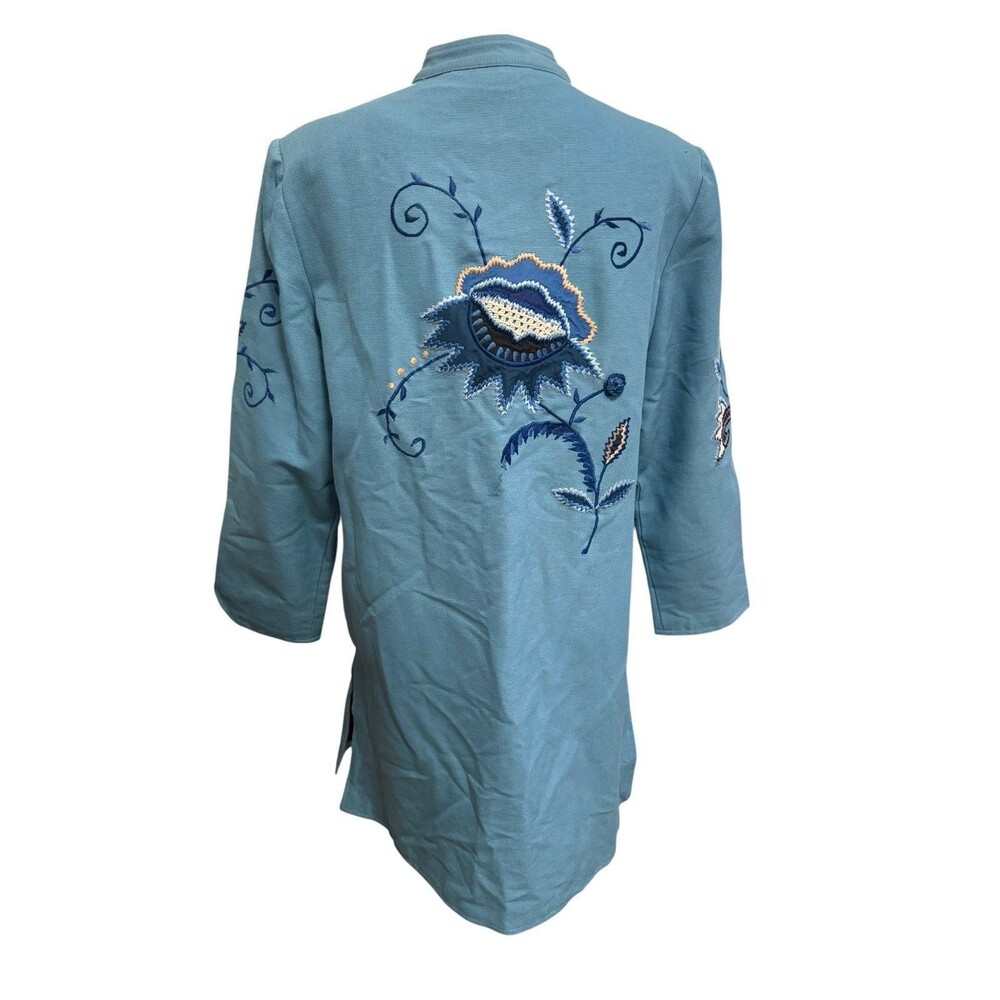 Indigo Moon Embroidered Floral Long Jacket Blue Cotton Mandarin Collar Size S - Picture 7 of 12